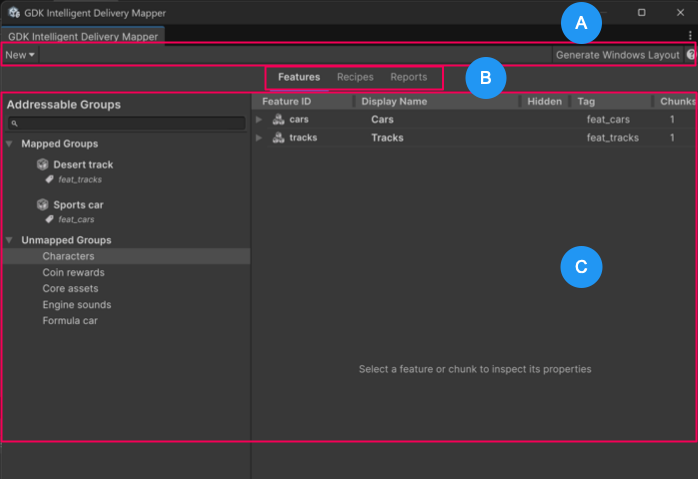 GDK Intelligent Delivery Mapper window displaying toolbar, tabs, and content area