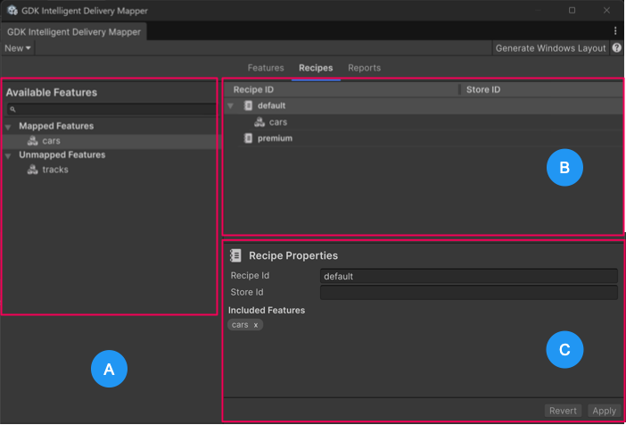GDK Intelligent Delivery Mapper window: Recipes tab interface