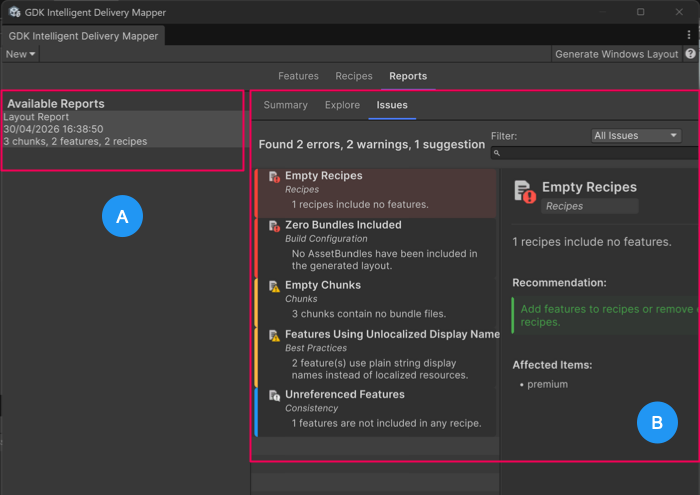 GDK Intelligent Delivery Mapper window: Reports tab interface