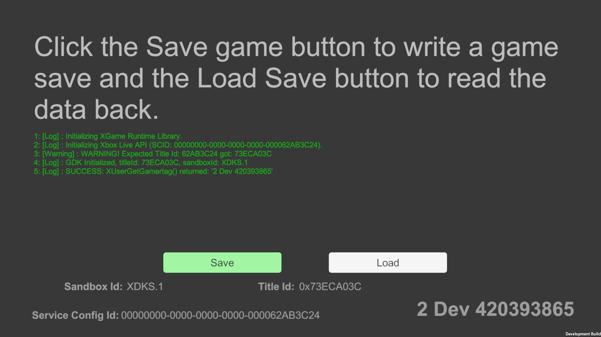 Screenshot of the CloudSaves sample