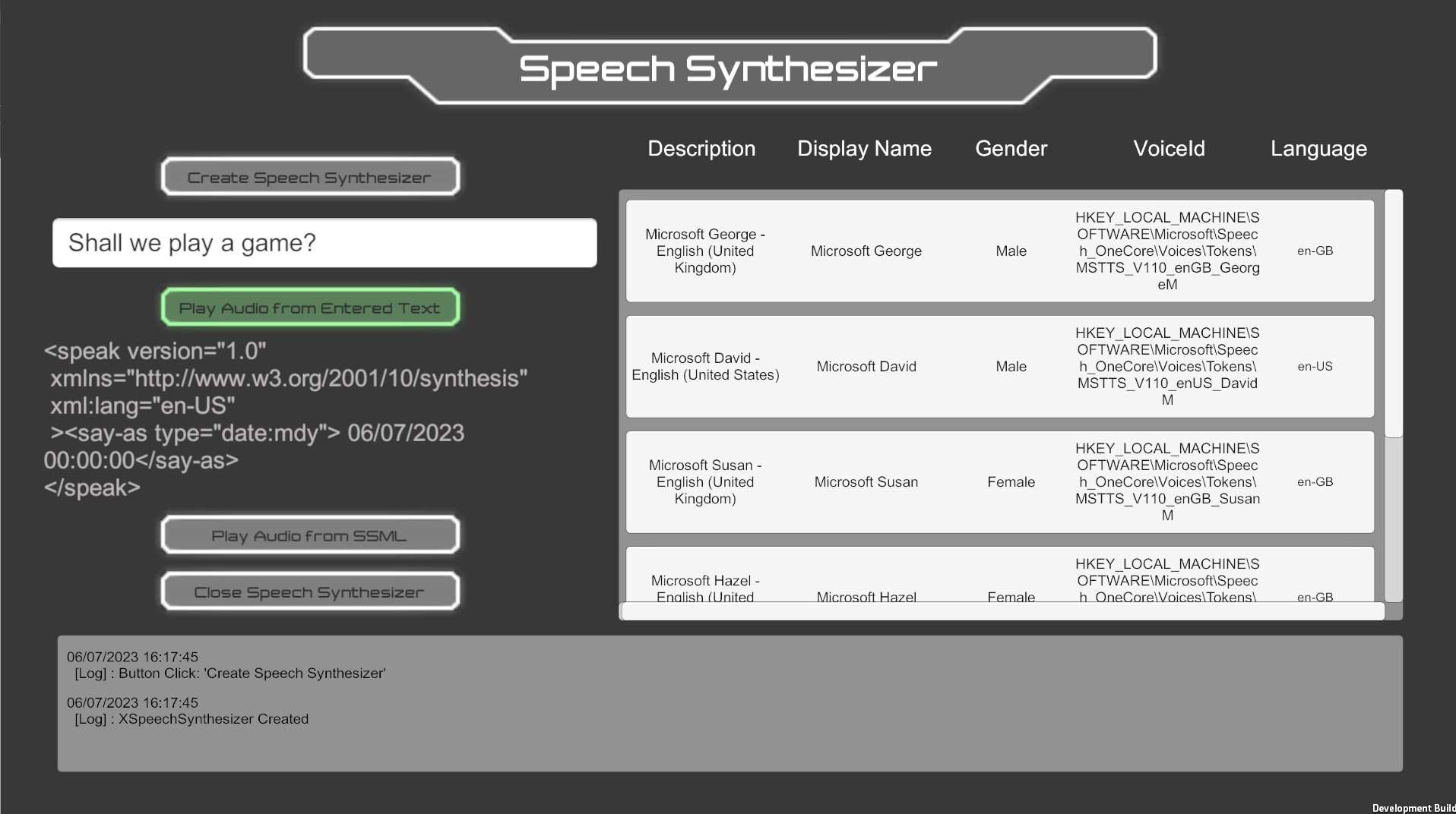 Screenshot of the Speech Synthesizer sample