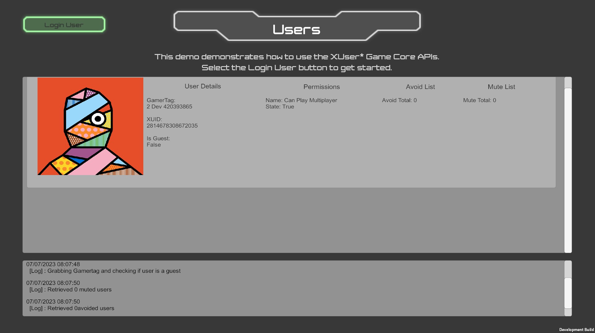 Screenshot of the Users sample