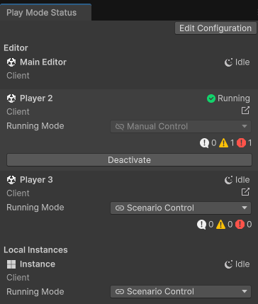 Play Mode Status window illustrating both running mode options