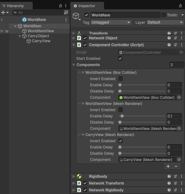 Inspector view UI with details of ComponentController