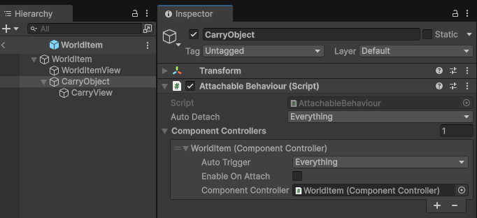 Inspector view UI with details of CarryObject's AttachableBehaviour component