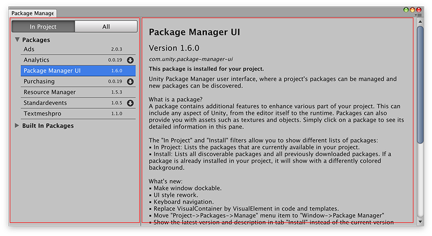 Package Manger window