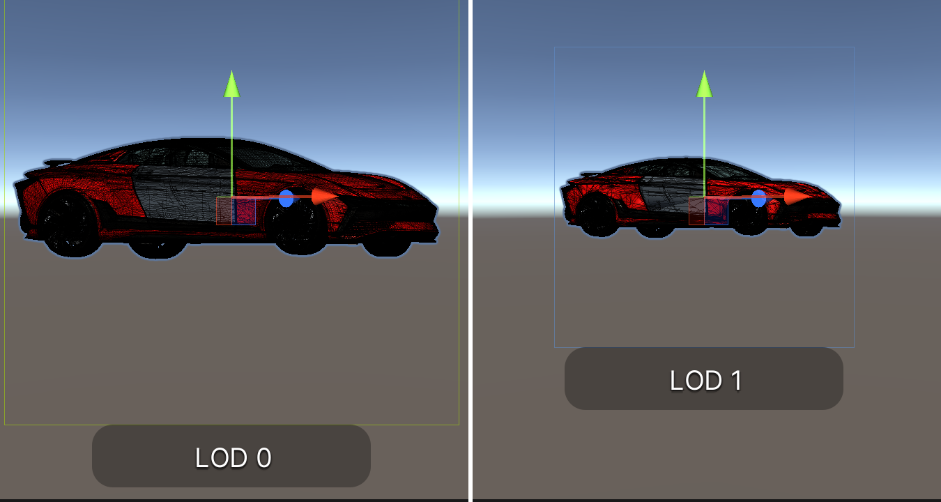 The mesh of LOD 0 contains many small triangles. The mesh of LOD 1 contains far fewer triangles, which are much larger in size.