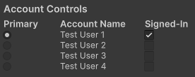 *Example of the Account Controls in the Play Mode Controls window
