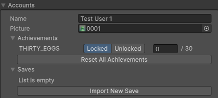Example of a test account inside Play Mode Controls Settings.