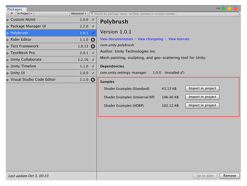 Shader samples in the Polybrush package