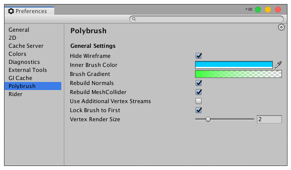 Polybrush Preferences window