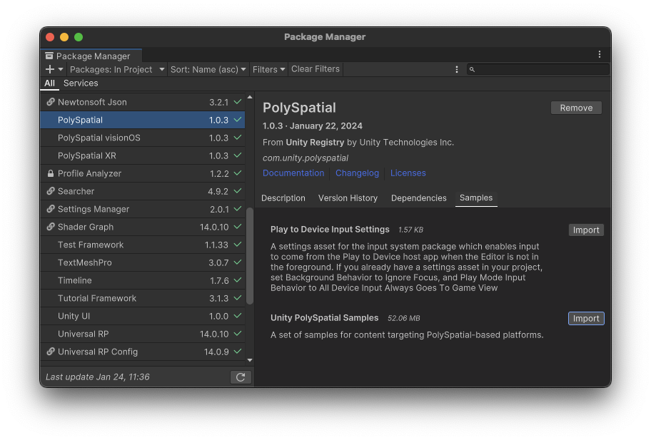 The PackageManager window with the PolySpatial package selected