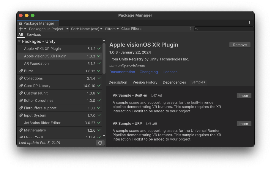 The PackageManager window with the PolySpatial package selected