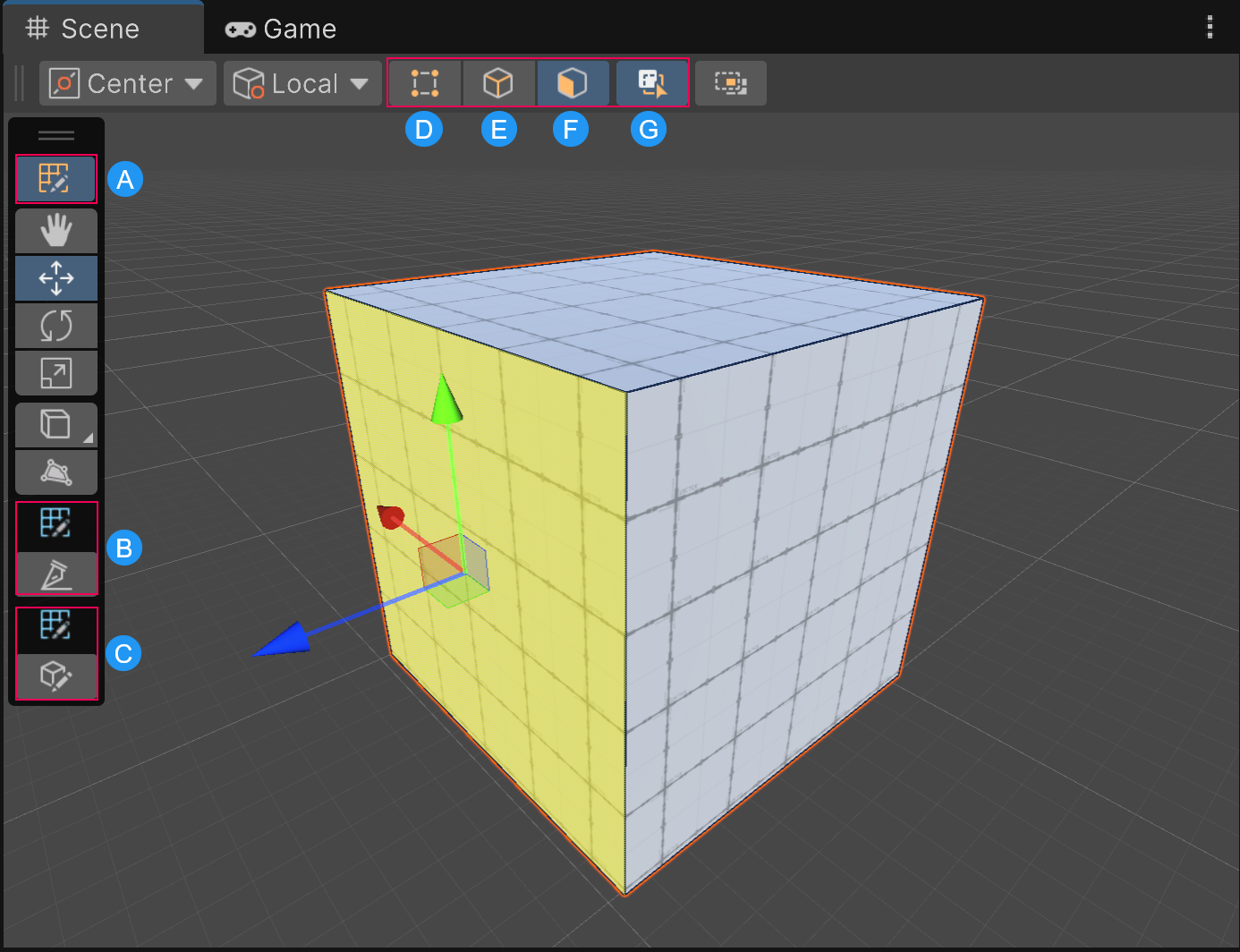 The ProBuilder context changes the options you can use in both the Tools and Tool Settings overlay to those that change individual parts of a ProBuilder object
