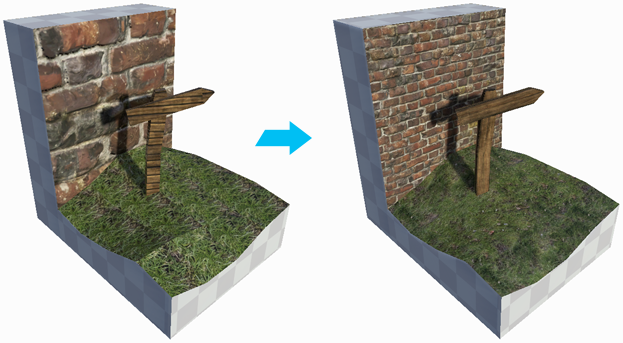 Before and after adjusting the Texture mapping in the UV Editor