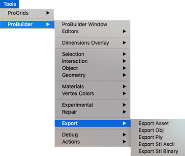 Tools > ProBuilder > Export menu