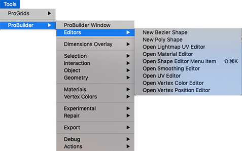 Tools > ProBuilder > Editors menu