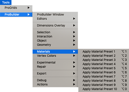 Tools > ProBuilder > Materials menu