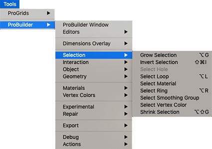 Tools > ProBuilder > Selection menu