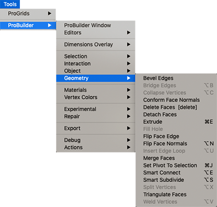 Tools > ProBuilder > Geometry menu