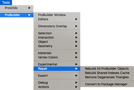 Tools > ProBuilder > Repair menu