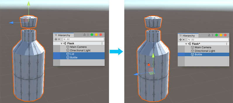 Example of merging two separate GameObjects (a Lid and a Bottle) into one GameObject