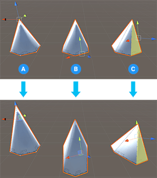 Examples of offsetting a vertex on the y-axis (A), 2 edges on the y-axis (B), and a face on the z-axis (C)