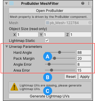 Lightmap parameters on the ProBuilder MeshFilter component