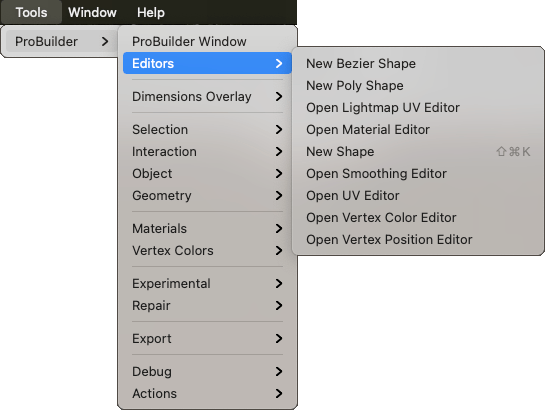 Tools > ProBuilder > Editors menu