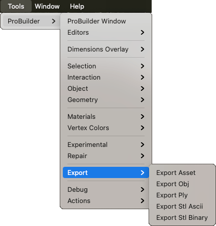 Tools > ProBuilder > Export menu