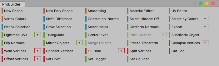 The ProBuilder toolbar, displaying text buttons in a dockable container