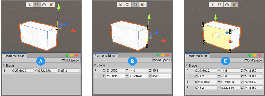 Editing vertex positions in Vertex (A), Edge (B), and Face (C) Editing modes