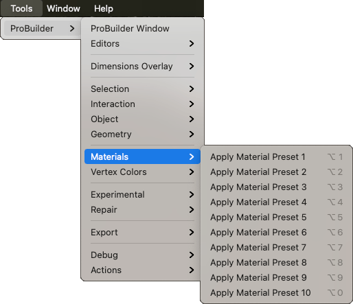 Tools > ProBuilder > Materials menu