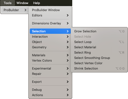 Tools > ProBuilder > Selection menu