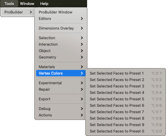 Tools > ProBuilder > Vertex Colors menu