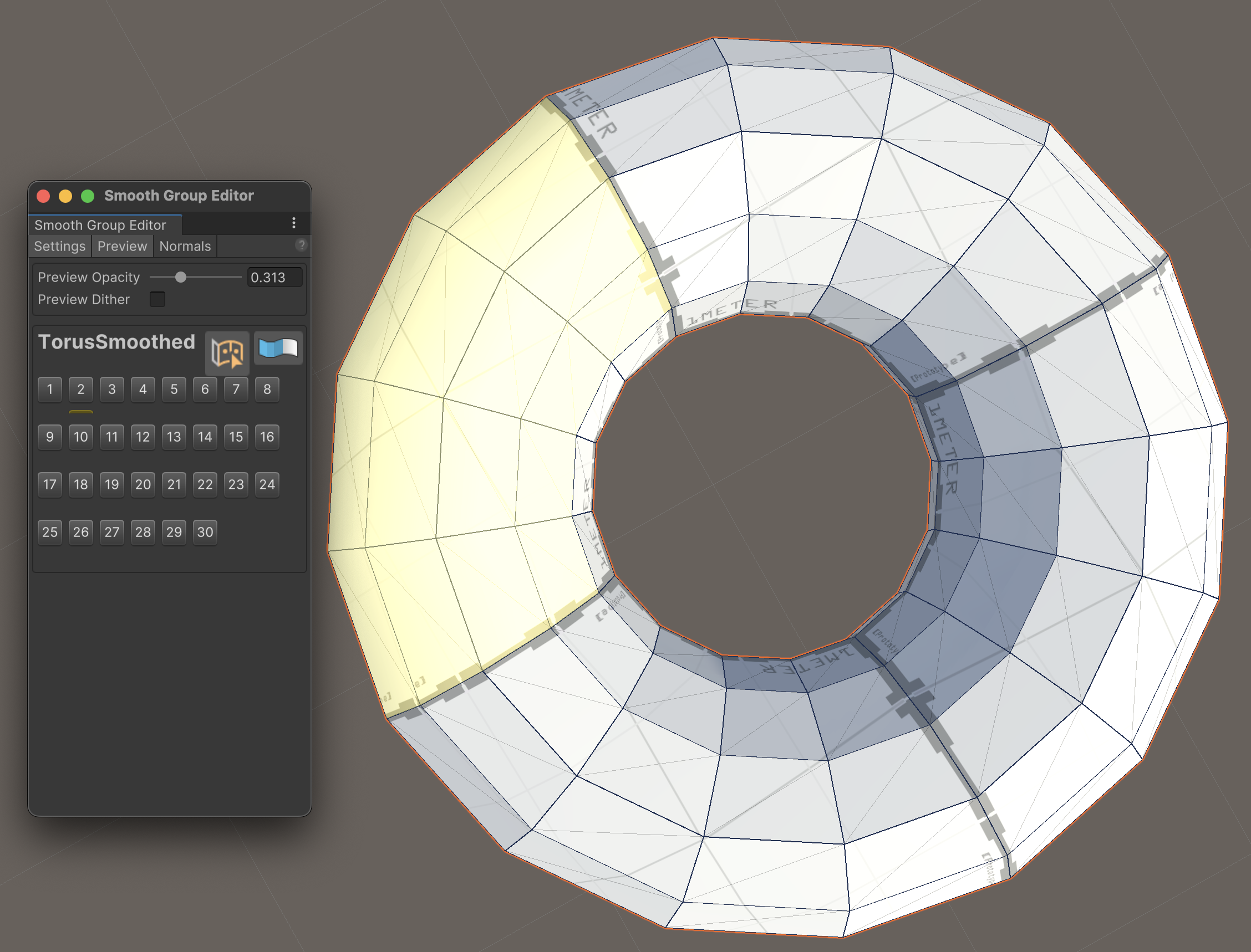 One quarter of the torus - shown in yellow - is smoothed