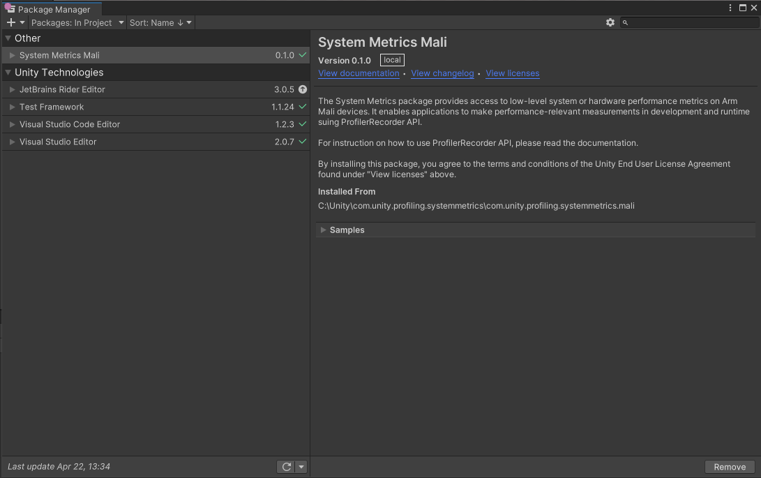 System Metrics Mali package listed and selected to install in the Package Manager.