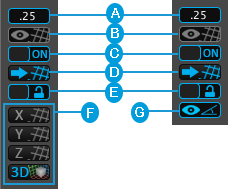 ProGrids toolbar in Perspective mode (left) and Orthographic mode (right)