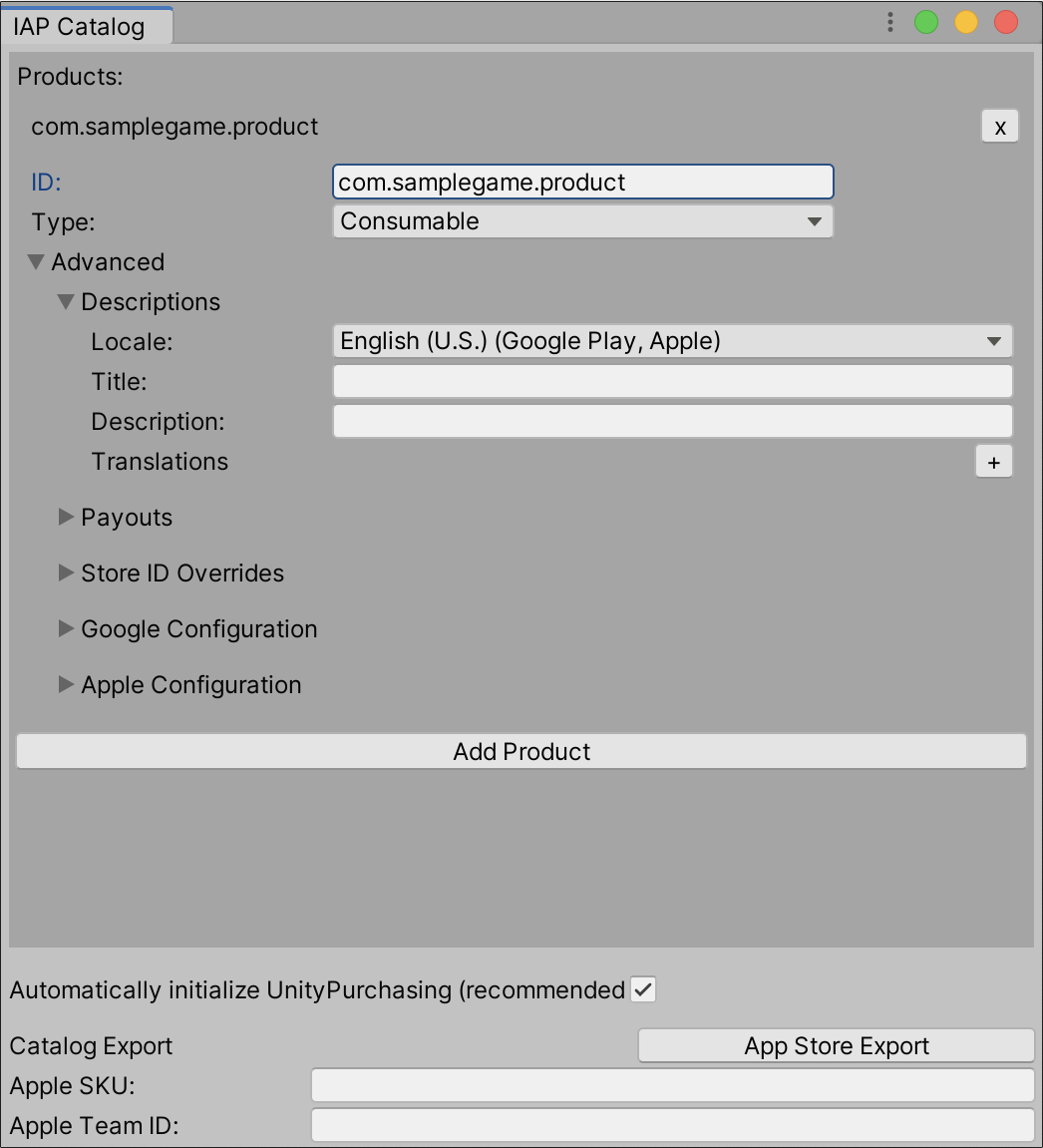 The **IAP Catalog** GUI in the Unity Editor