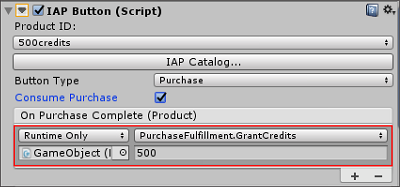 Assigning your purchase fulfillment script to an **IAP Button** event field