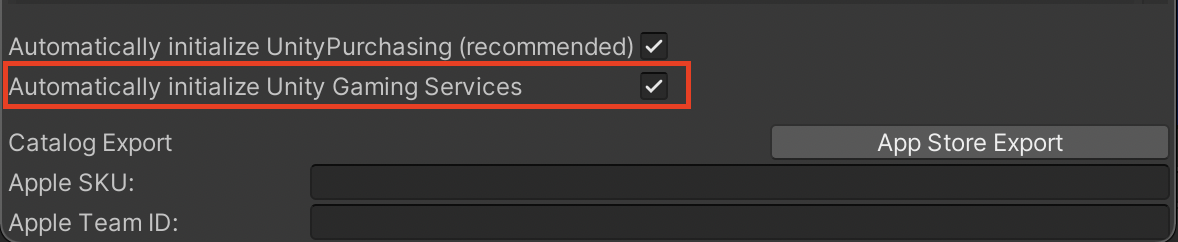 Enabling auto-initialization for the Unity Gaming Services through the **IAP Catalog** GUI
