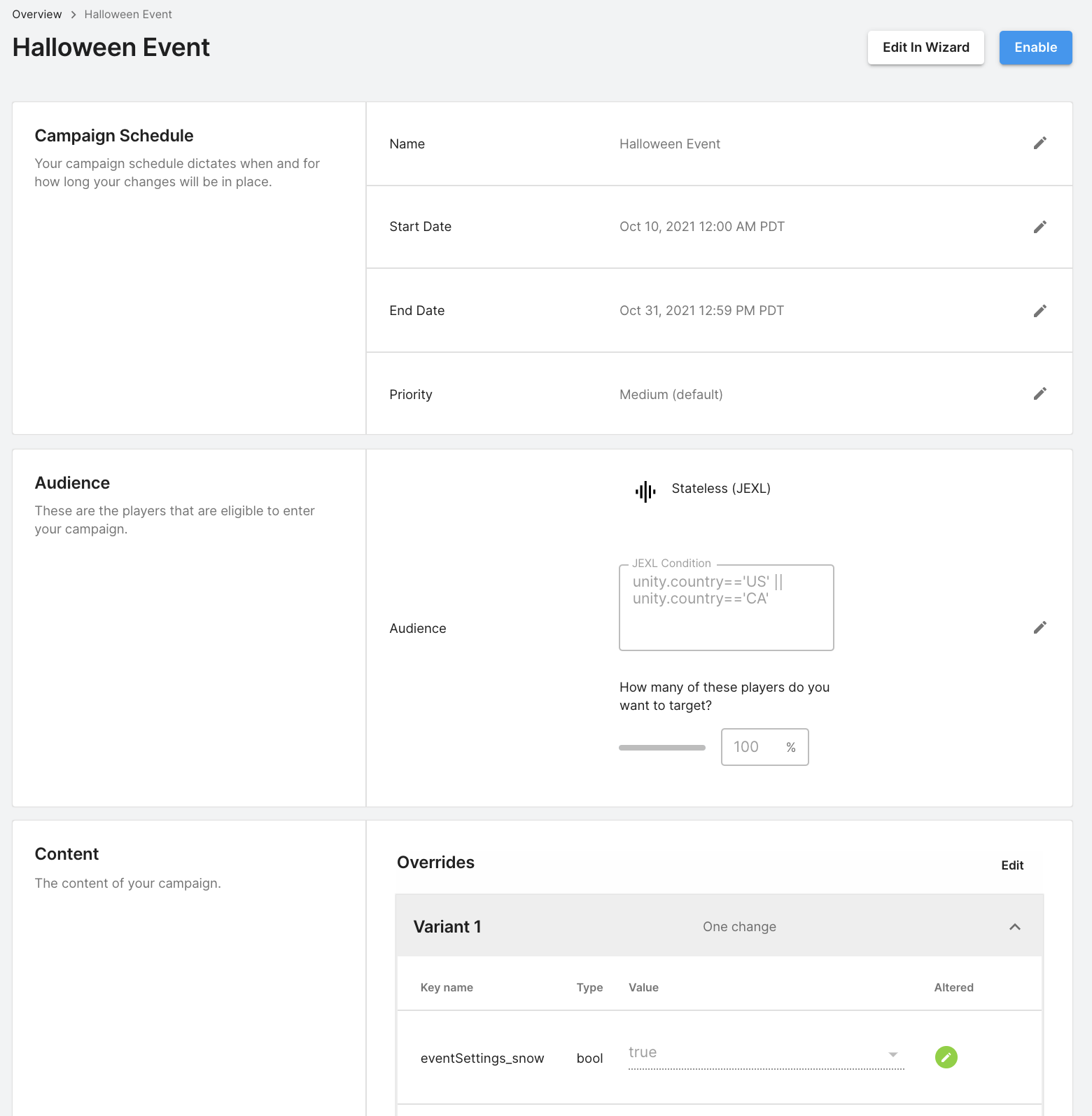 An example of Campaigns and Settings for a holiday event.