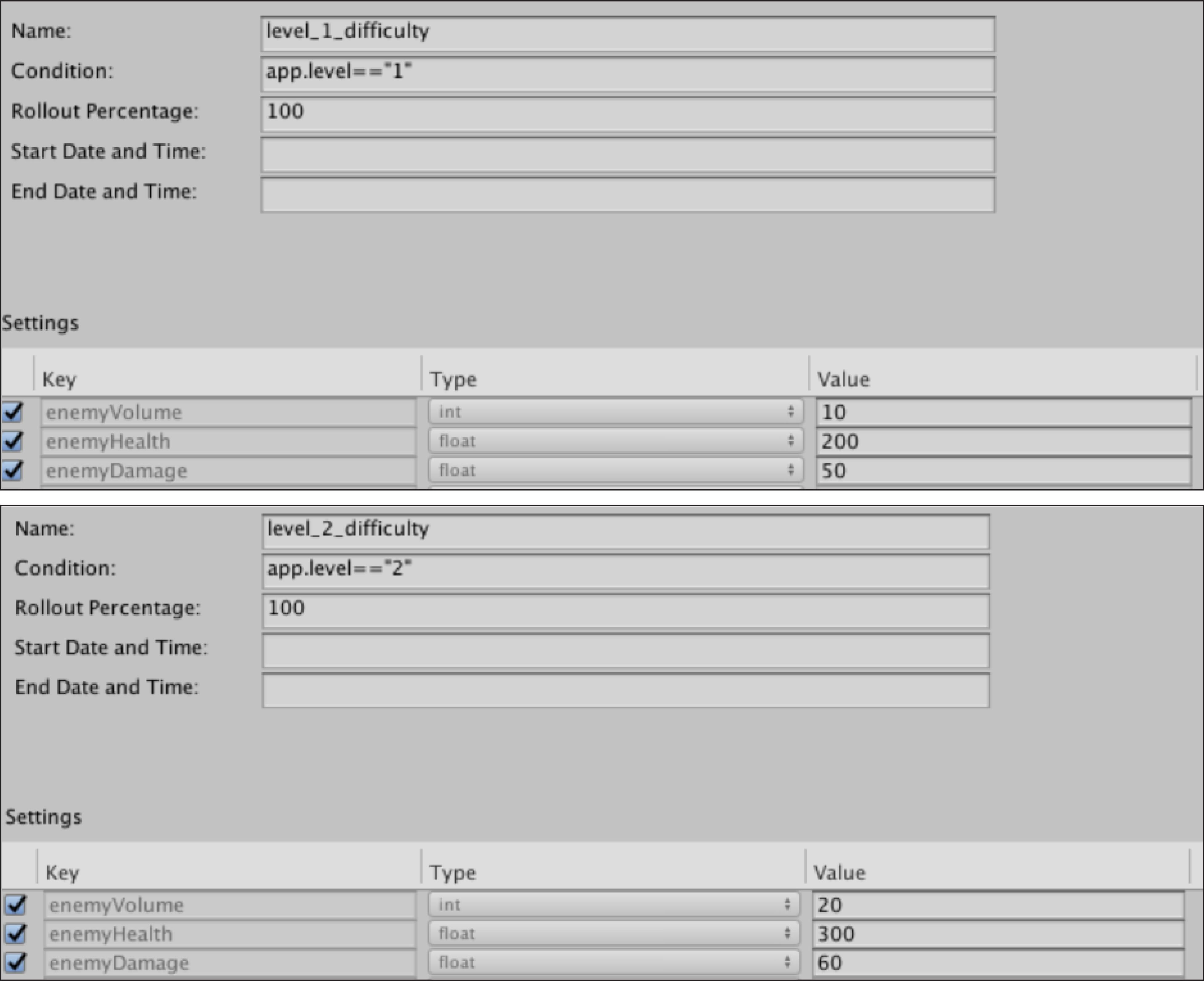 An example of dynamic difficulty Rules and Settings.