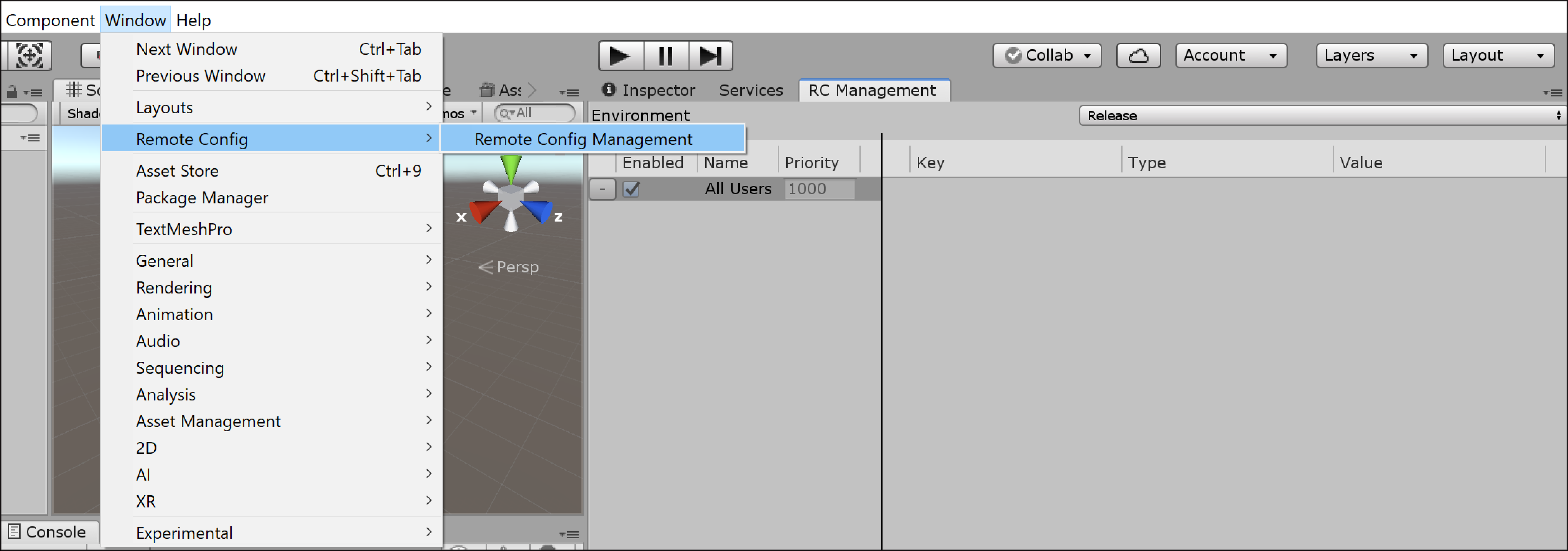Navigating to the RC Management window in the Unity Editor.
