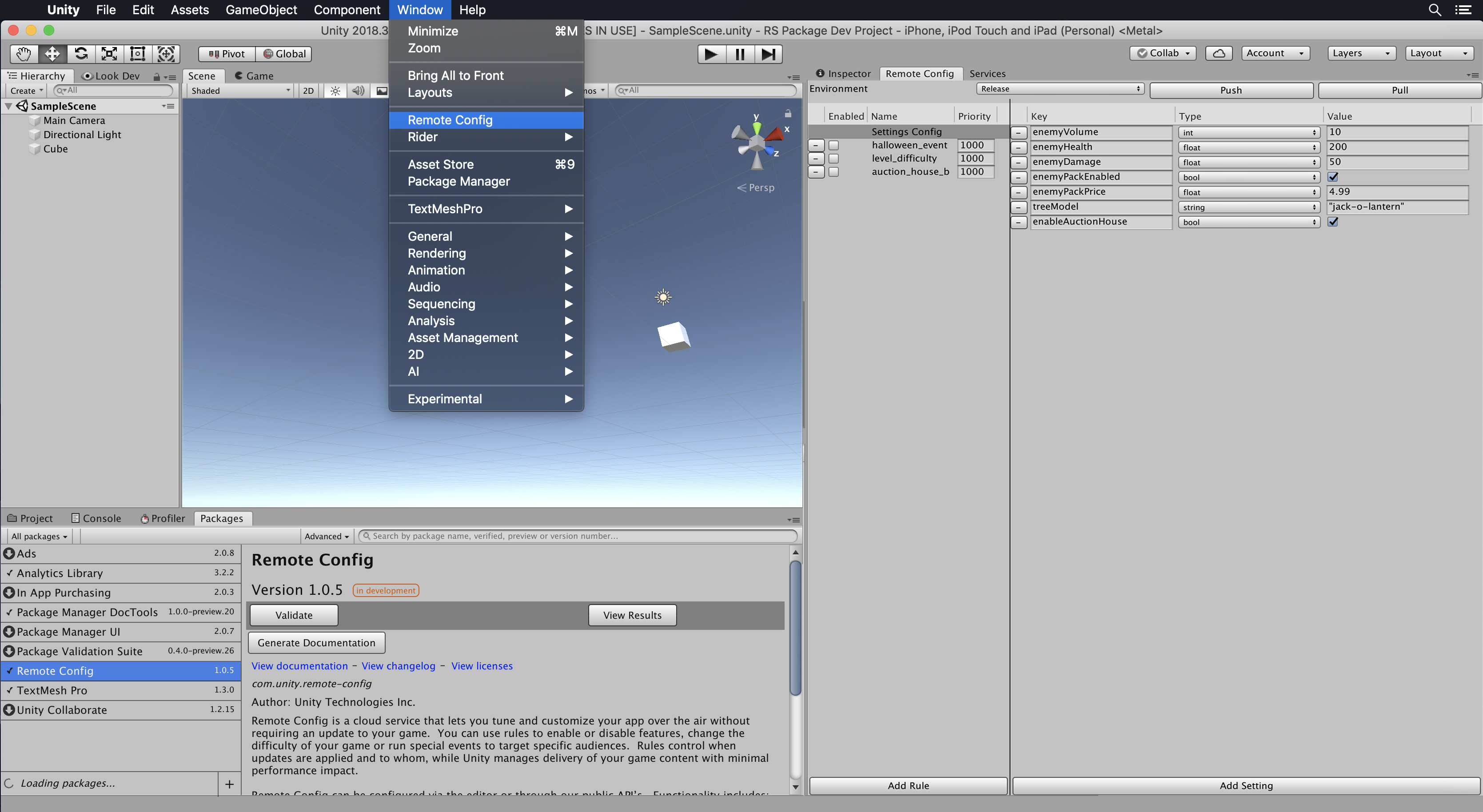 Navigating to the Remote Config window in the Unity Editor.