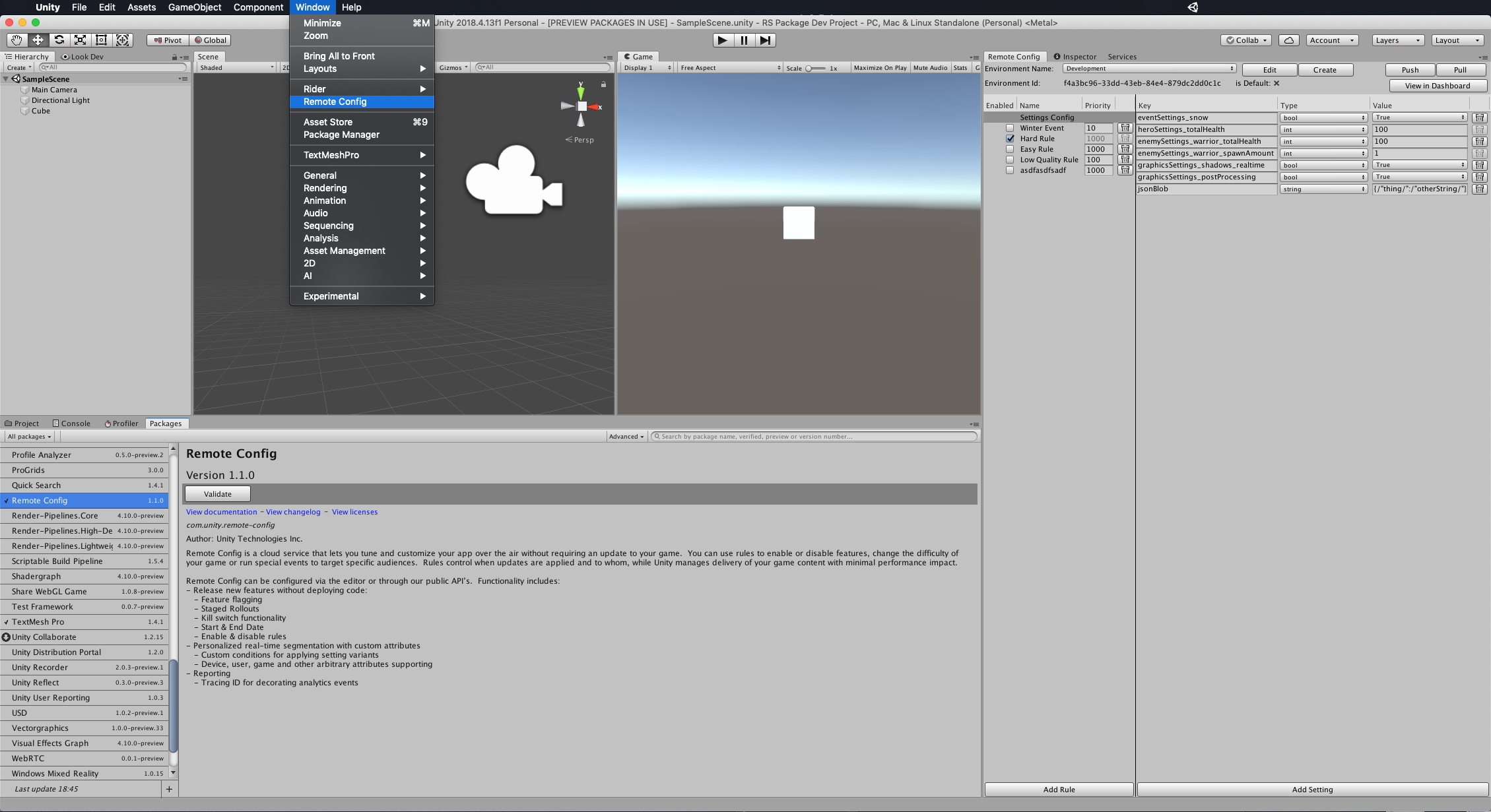Navigating to the Remote Config window in the Unity Editor.