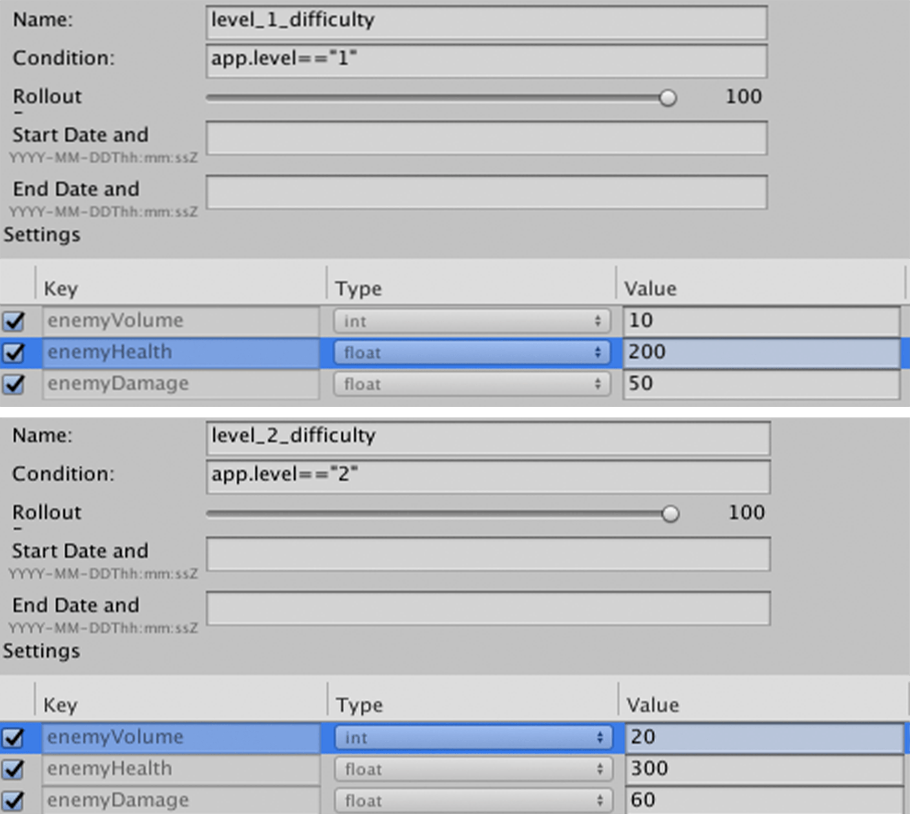 An example of dynamic difficulty Rules and Settings.