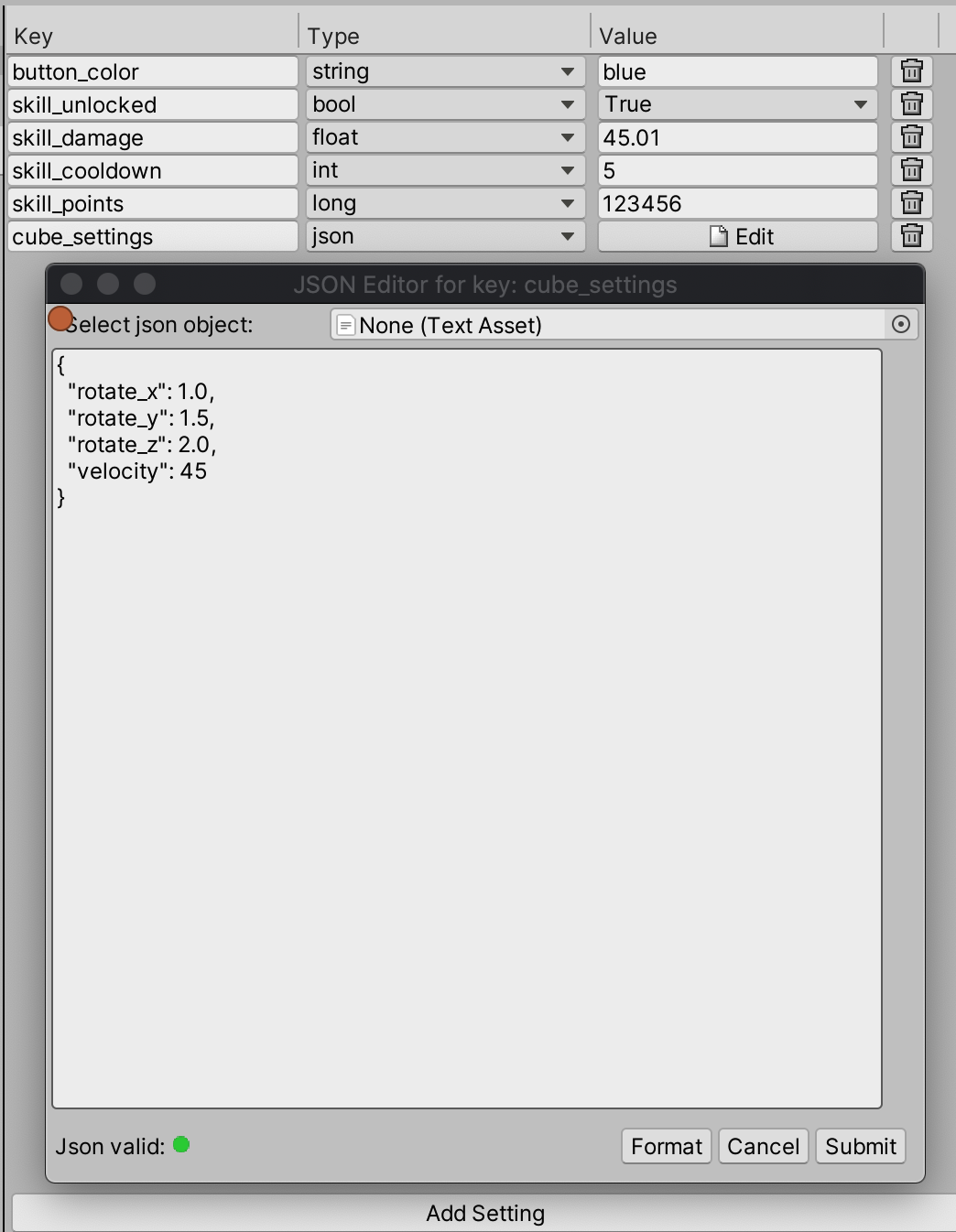 Examples of Setting parameters.