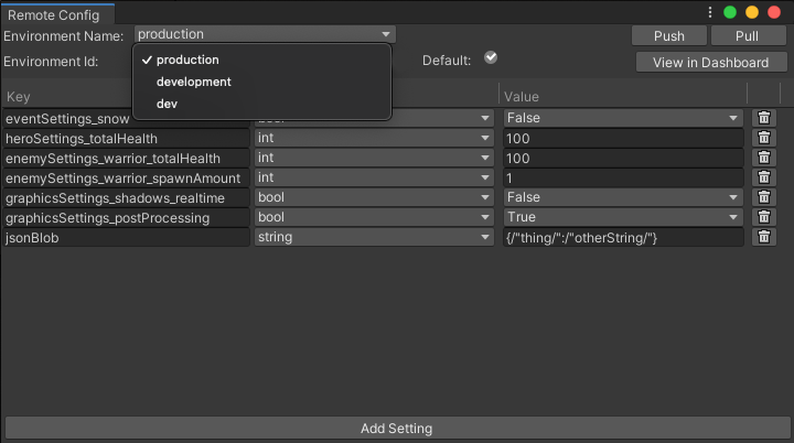 Environments Drop down in the Remote Config Window Unity Editor