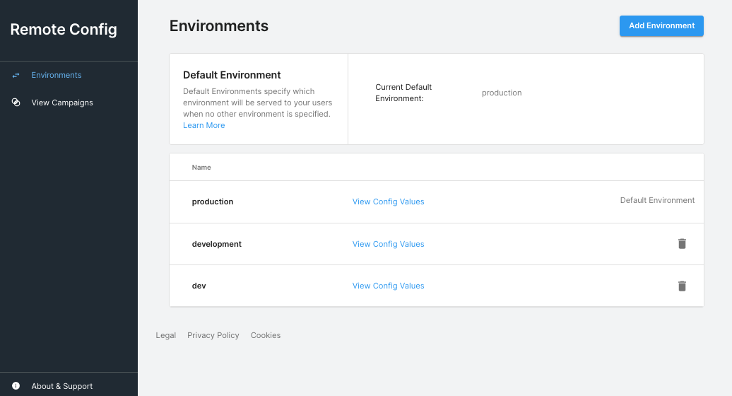 Environments on the Web Dashboard